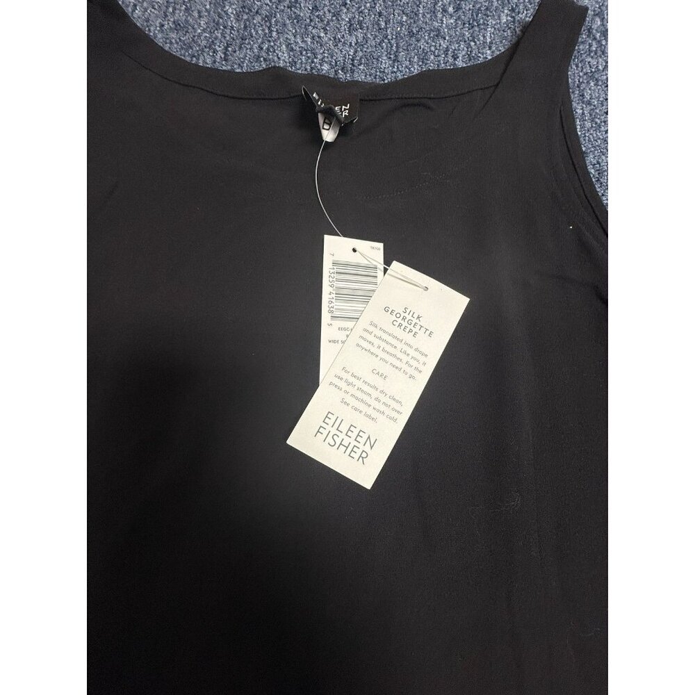 NWT Eileen Fisher Silk Georgette Crepe Tank Top XS Black Wide Shell Boxy Classic - Picture 4 of 5